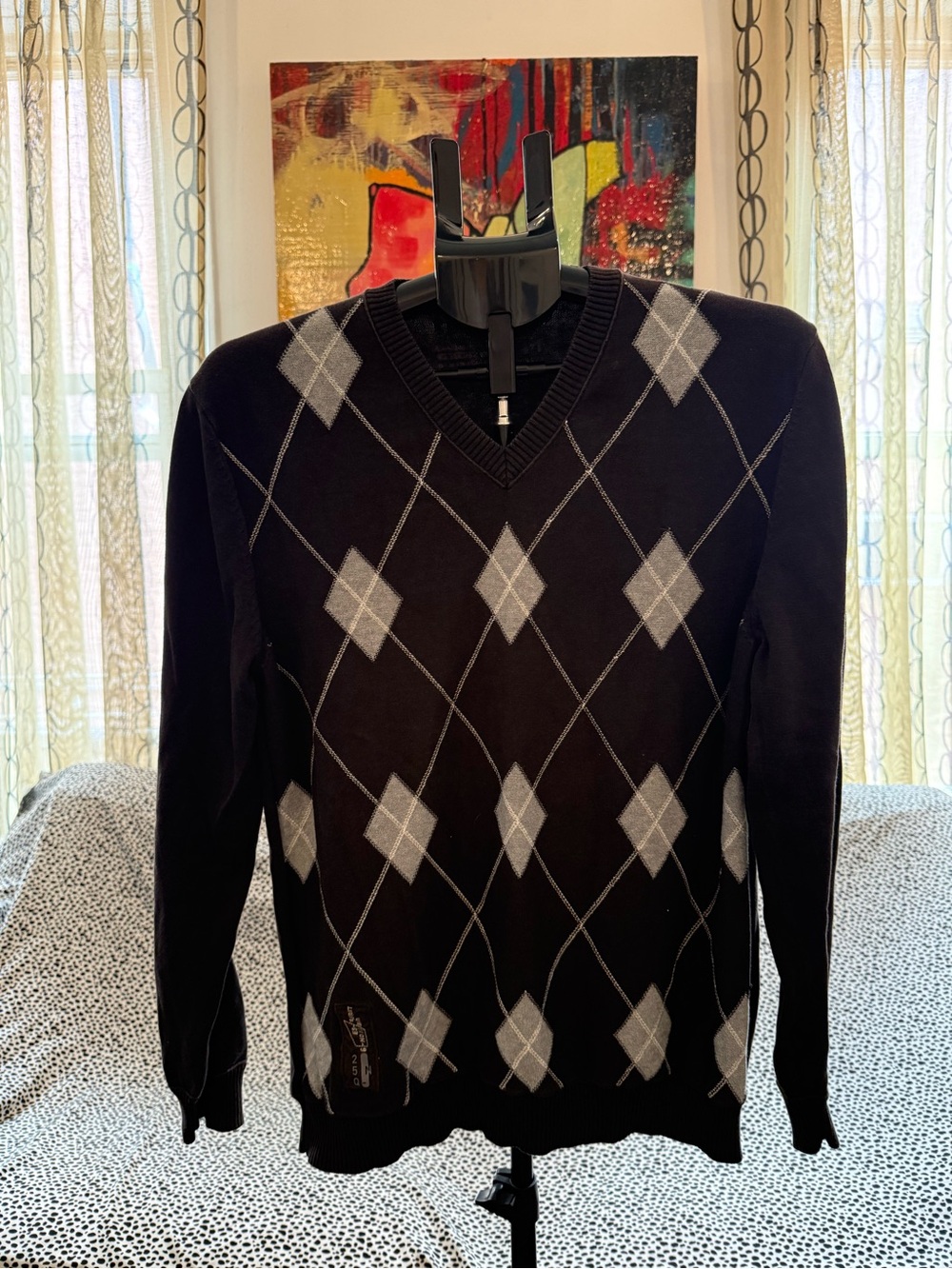 Esprit Black V-Neck Argyle Sweater with Gray Diamond Pattern